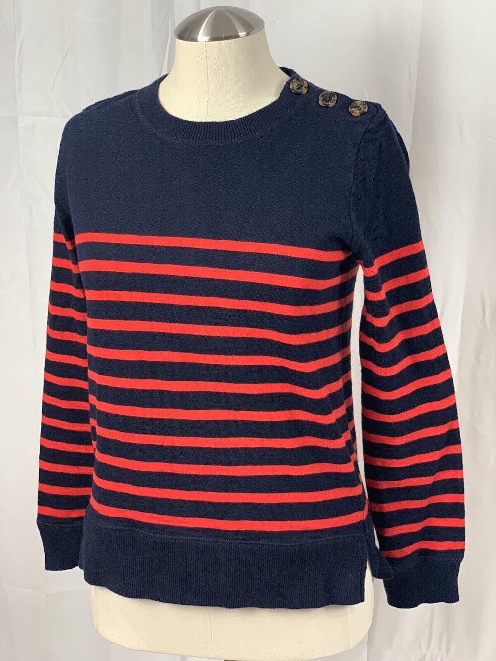 J Crew Women’s Navy Blue Red Striped 3 Button Accent Knit Pullover Sweater XS